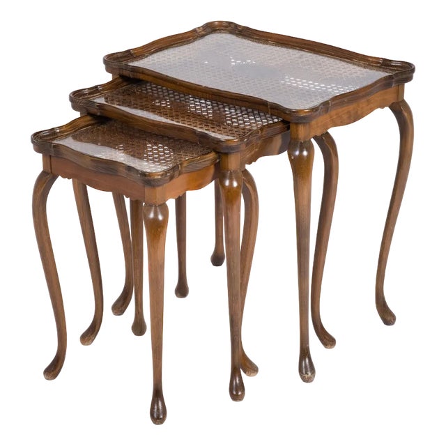 Vintage Nesting Tables with Cane and Glass Top from Jason Møbler, 1960s, Set of 3 For Sale