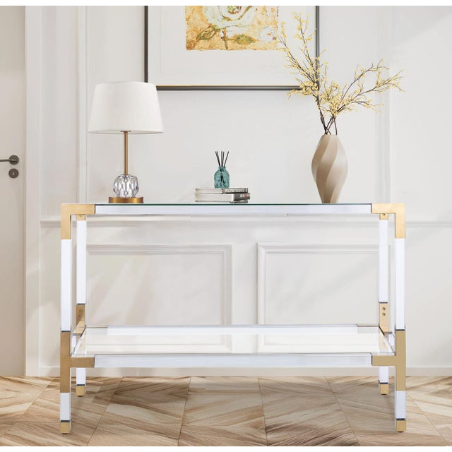 Metal Pasargad Home Lucen Glass Console Table With Gold Accents & Acrylic Frame For Sale - Image 7 of 8