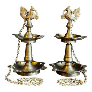 Vintage Pair of Hanging Two Tiered Brass Peacock Diyas For Sale