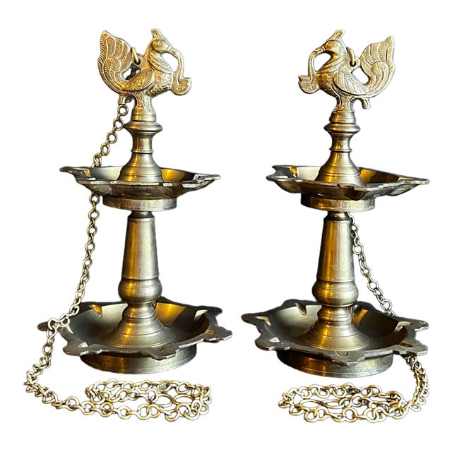 Vintage Pair of Hanging Two Tiered Brass Peacock Diyas For Sale