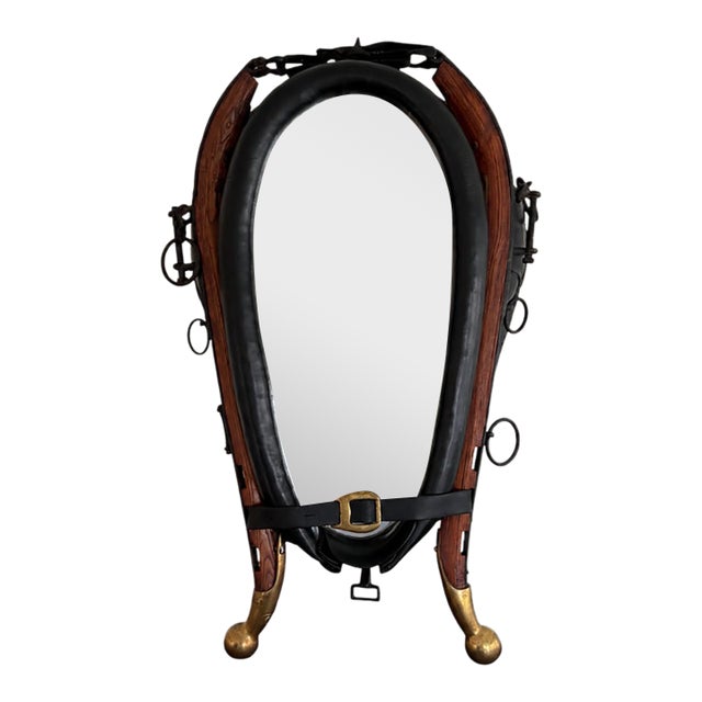 Vintage Equestrian Horse Collar Mirror With Brass Accents For Sale