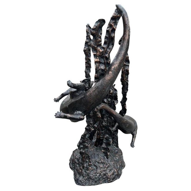 Gold Bronzed Metal Swimming Otters in Kelp Garden Fountain Sculpture For Sale - Image 8 of 16