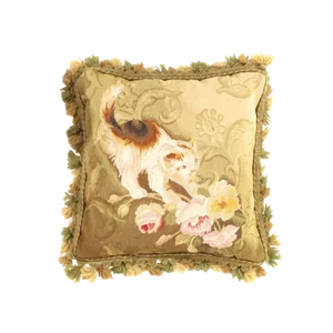 Traditional Pasargad DC Rose & Kitty Needlepoint Pillow - 18" X 22"