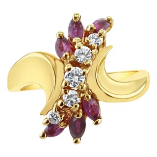 Marquise Ruby & Diamond Vertical Cluster Ring 14k Yellow Gold, Size 5 For Sale