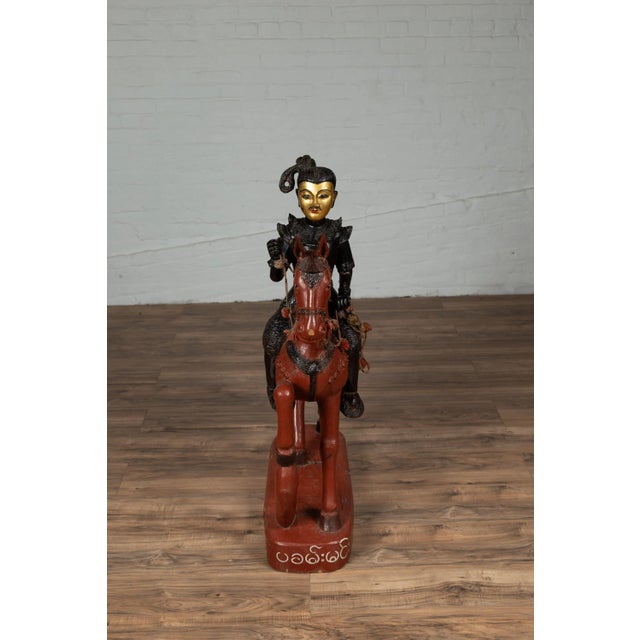 Burgundy Vintage Burmese Polychrome Carved Wooden Statue of a Warrior on his Horse For Sale - Image 8 of 13