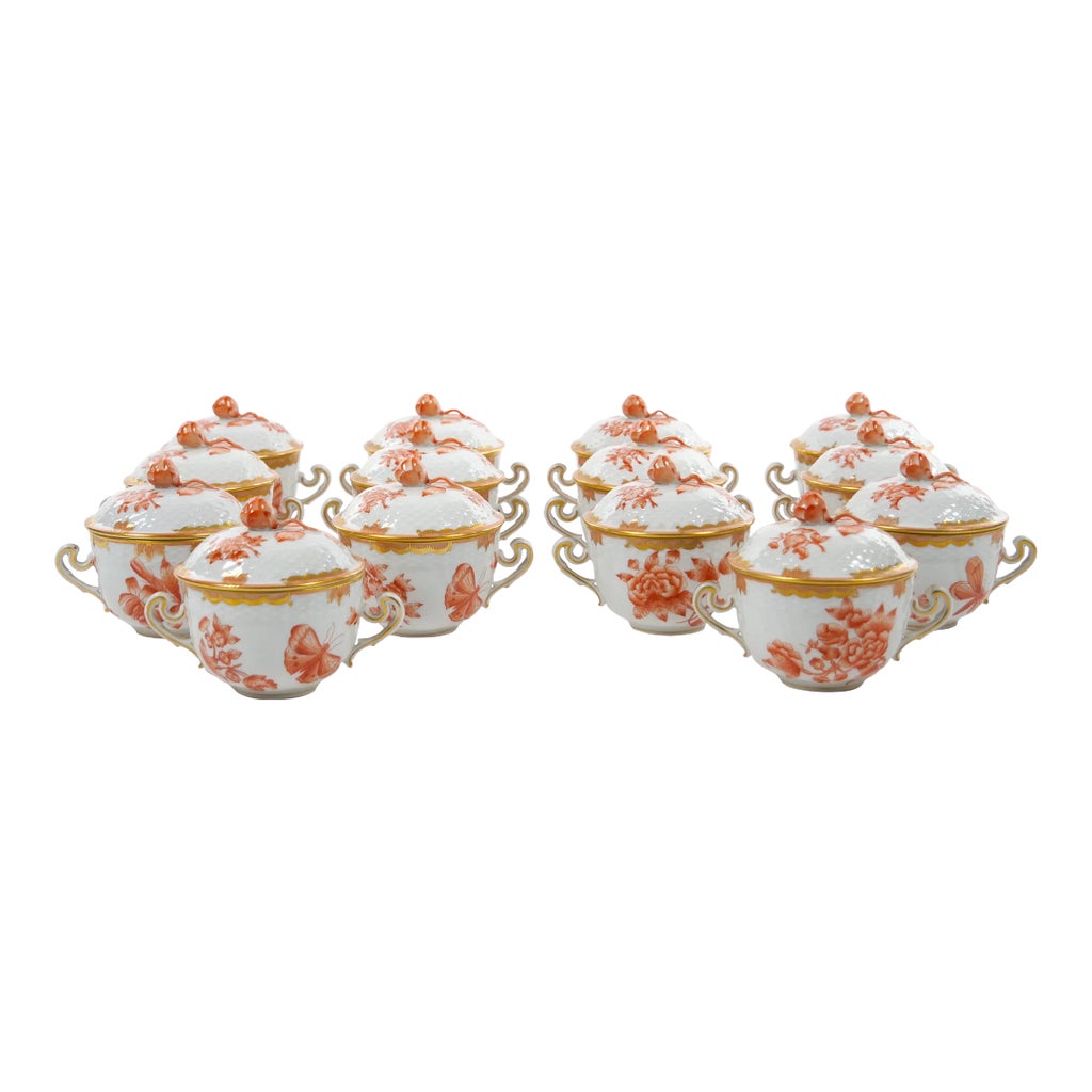 Herend Hungarian Porcelain Covered Pot De Creme Service / 12