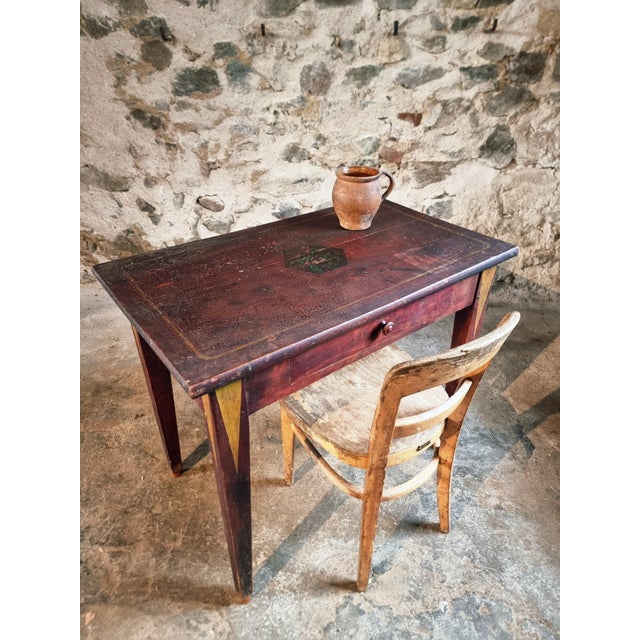 Rustic Antique French Folk Art Pine Writing Table with Drawer, 1916 For Sale - Image 3 of 13
