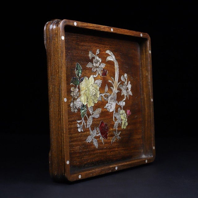 Late 19th Century Square Wooden Tray With Mother-of-Pearl Bird and Rose Inlay For Sale - Image 5 of 10