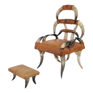 Vintage Horn Chair and Footstool For Sale