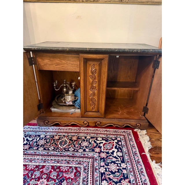 Vintage French Provincial / Louis XV-Style Oak Sideboard With Green Marble Top For Sale - Image 4 of 4