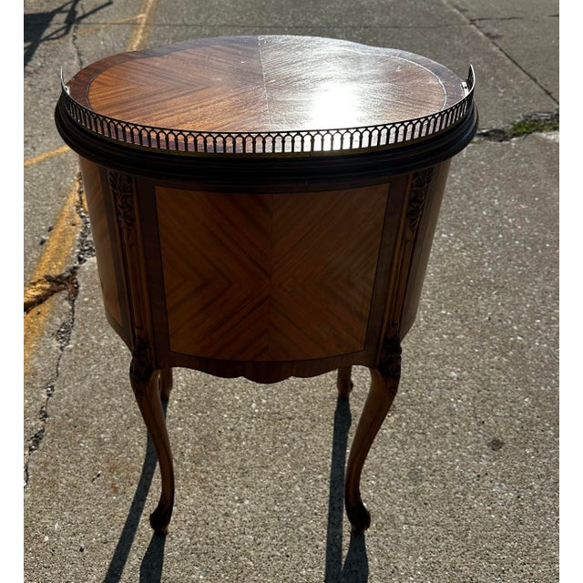 1940’s Louis XV Marquetry Drum Style Nightstand For Sale - Image 4 of 11