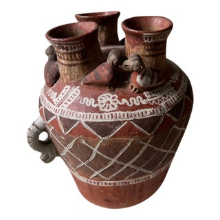 Vintage Pottery Detailed Hand Made Vase With Bird Details For Sale