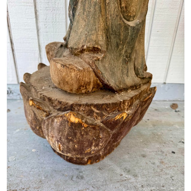 Printmaking Materials Antique Huge Carved Polychrome Wood Buddha Buddhist Monk on Lotus For Sale - Image 7 of 12