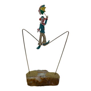 Vintage Ron Lee High Wire Circus Clown Sculpture With Umbrella on Natural Onyx Base, Signed 1984 For Sale