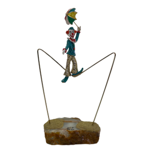 Vintage Ron Lee High Wire Circus Clown Sculpture With Umbrella on Natural Onyx Base, Signed 1984