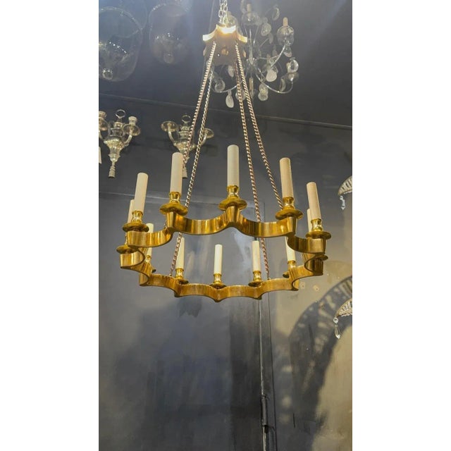 French 1940 French Gilt Bronze Scalloped Chandelier 12 Lights For Sale - Image 3 of 4