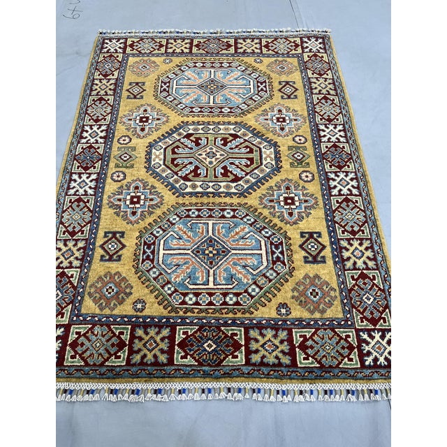 Art Deco Gold Kazak Wool Rug With Three Medallions, 3'6" X 4'9" For Sale - Image 3 of 16