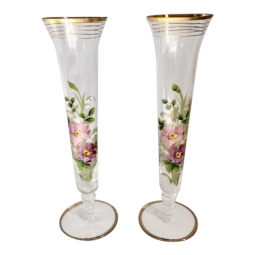 Floral Motif Glass Bud Vases - a Pair For Sale