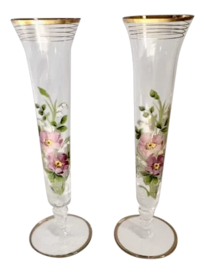 Floral Motif Glass Bud Vases - a Pair