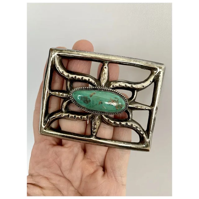 Gorgeous sterling silver and turquoise sandcast Native American buckle. Measures 3" x 2 1/4". Thank you for shopping Rocks...