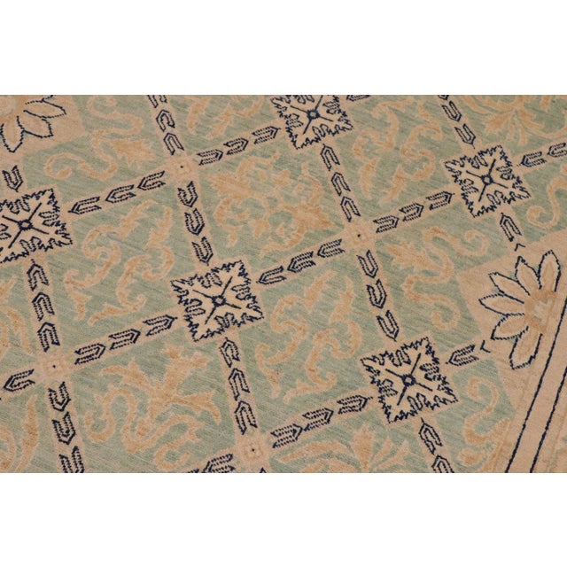 1990s Shabby Chic Ziegler Green Tan Hand-Knotted Wool Rug - 8'10'' X 11'10'' For Sale - Image 5 of 8