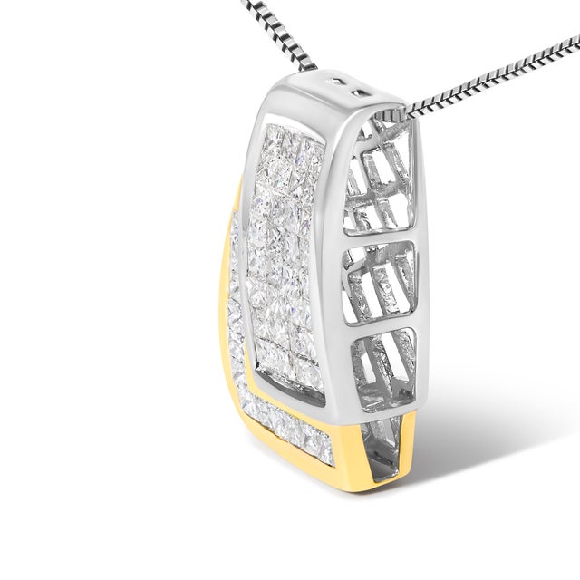 Contemporary 14K White and Yellow Gold 1.0 Cttw Princess Cut Diamond Two Tone Foldover Box Pendant 18” Box Chain Necklace (H-I Color, SI2-I1 Clarity) For Sale - Image 3 of 5