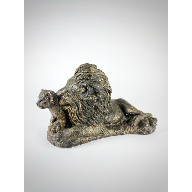 English Vintage Lion & Cub Sculpture | Large Bronze Finish Cast Plaster Statue | Hollywood Regency Safari Decor | Ralph Lauren Style For Sale - Image 3 of 10