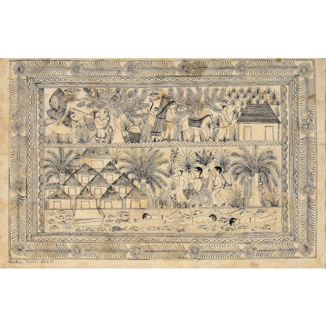 Illustration of a Village by the River - Amate Bark Drawing in Ink Illustration with people in a village by Cristino...