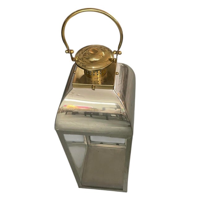 Metal Pair of Vintage Hollywood Regency Style Polished Nickel & Brass Large Floor Lanterns For Sale - Image 7 of 12