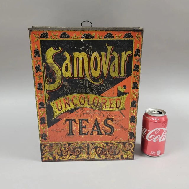 Large restaurant size tea storage bin with hinged lid. Reads "Samovar Uncolored Teas". Hard-to-find in this size makes it...