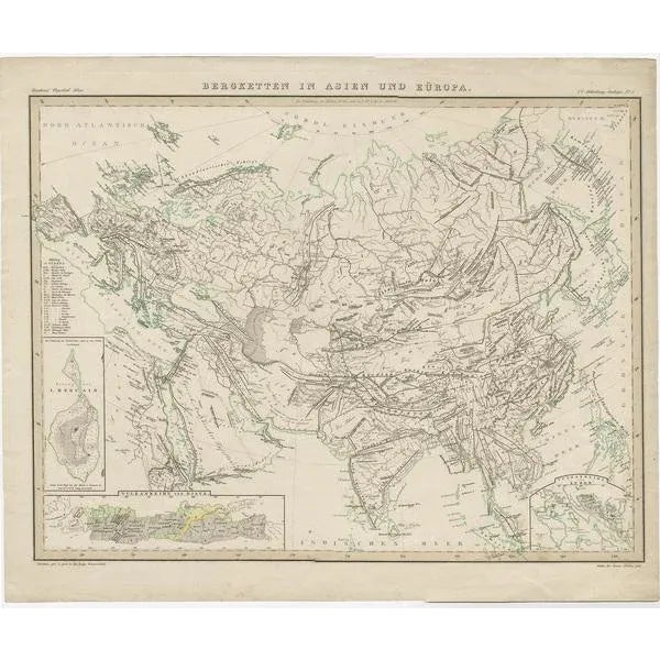 Antique map titled 'Bergketten in Asien und Eüropa'. Original antique map showing the mountain ranges in Asia and Europe....