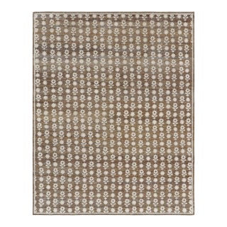 Rug & Kilim’s Modern Block Print Runner Rug in Brown with White Floral Patterns - 3x6 For Sale