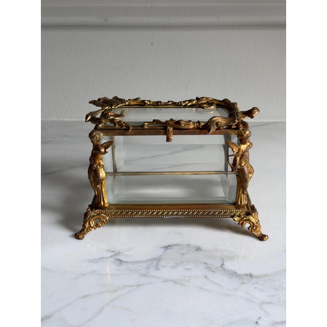 Metal Vintage or Antique French or French Style Jewelry Casket Box With Brass/Bronze Cherub Mount 5.5"x 3.75"x3 5/8" For Sale - Image 7 of 14