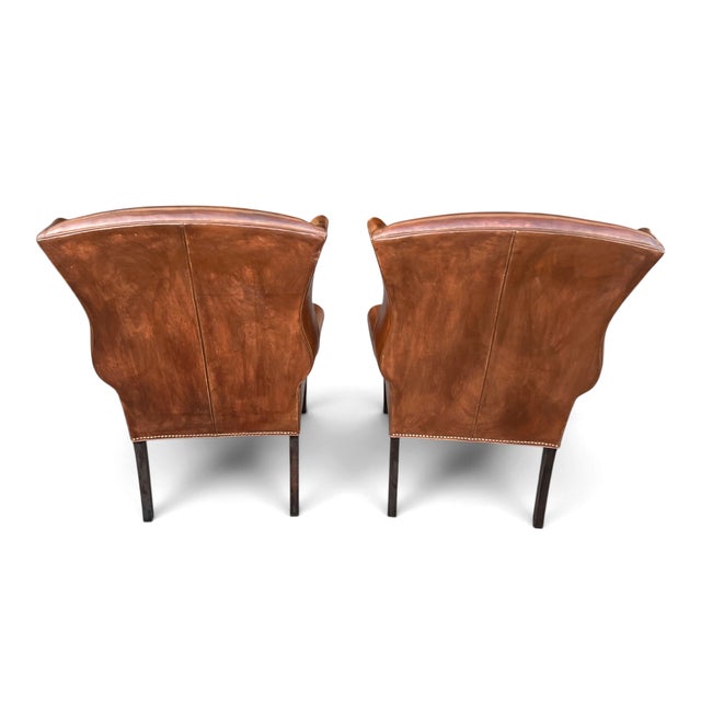 Burnt Umber Pair of Vintage Cognac Leather Wingback Chairs With Louis XVI–Style Fluted Legs For Sale - Image 8 of 11