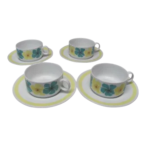 Richard Ginori Mid 20th Century Yellow and Teal Flowers 4 Cups and 4 Saucers, Italy- 8 Pieces