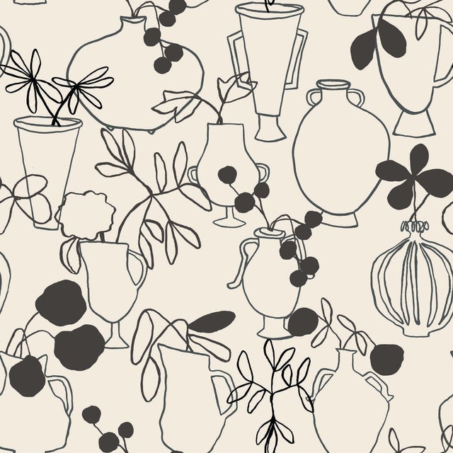 Flower Vases Wallpaper by Susan Hable in Off White / Black For Sale