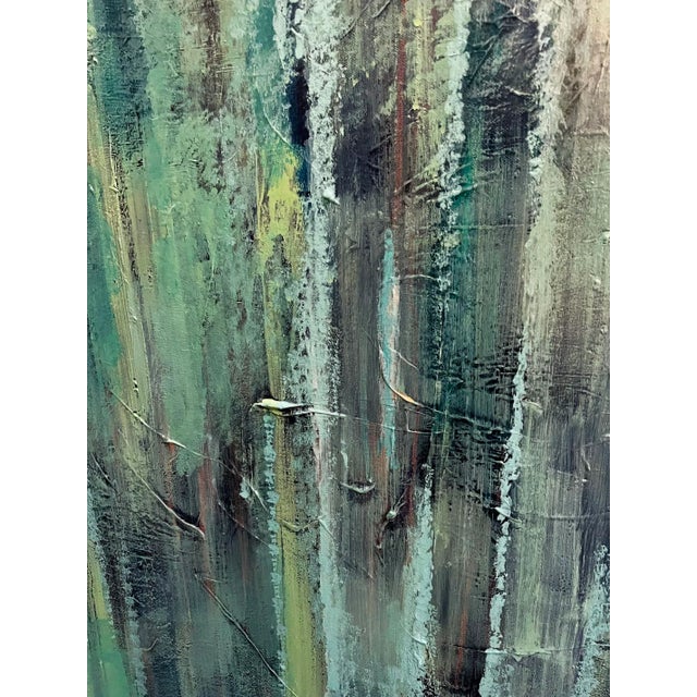 Beautiful abstract blended strokes of rich turquoise shades. Oil paint on square canvas. Artist: Lauren Held.