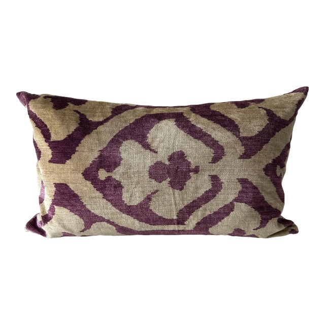 Printed Velvet Pillow in Beige and Purple For Sale