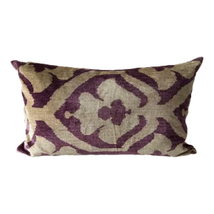Printed Velvet Pillow in Beige and Purple
