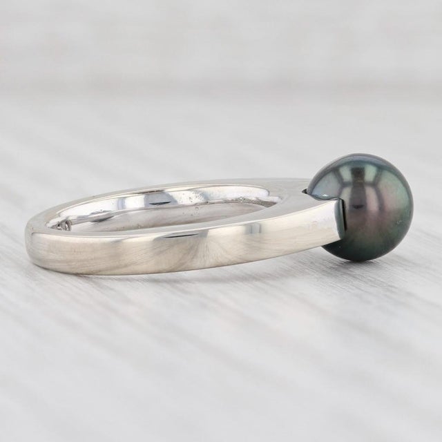 2020s Movado Cultured Black Pearl Diamond Ring 18k White Gold Size 5.75 Solitaire For Sale - Image 5 of 8