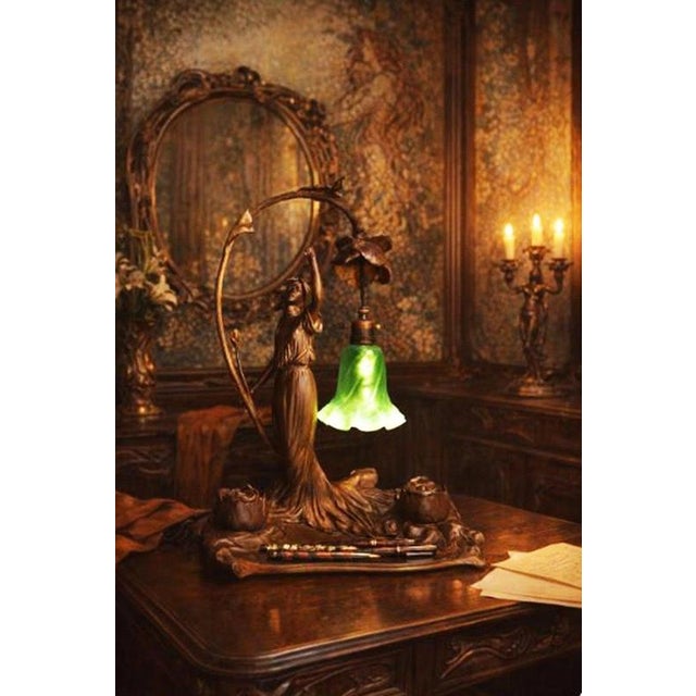 Art Nouveau French Figural Bronze Desk Lamp & Inkstand from Louis Cahuzac, 1920 For Sale - Image 4 of 18