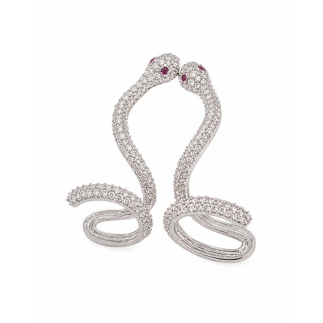 Modern 10k White Gold 1-5/8 CTTW Natural Diamond Snake Earrings, 34 Mm, Pair For Sale - Image 3 of 7