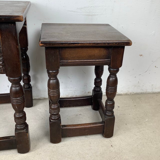 Brown Vintage Tudor Revival Nesting Tables – Set of Three English Style Side Tables For Sale - Image 8 of 11