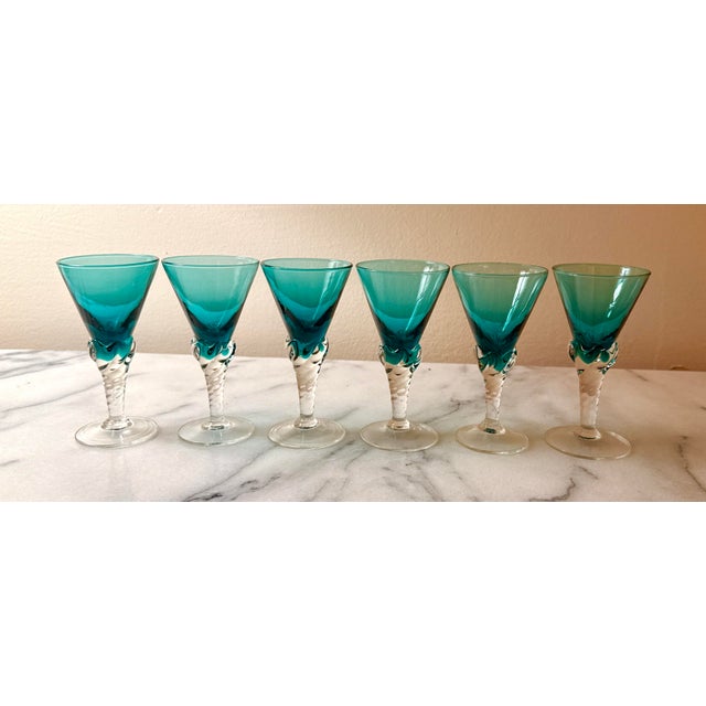 1960s Empoli Teal Cordial Glasses - Set of 6 For Sale - Image 5 of 7