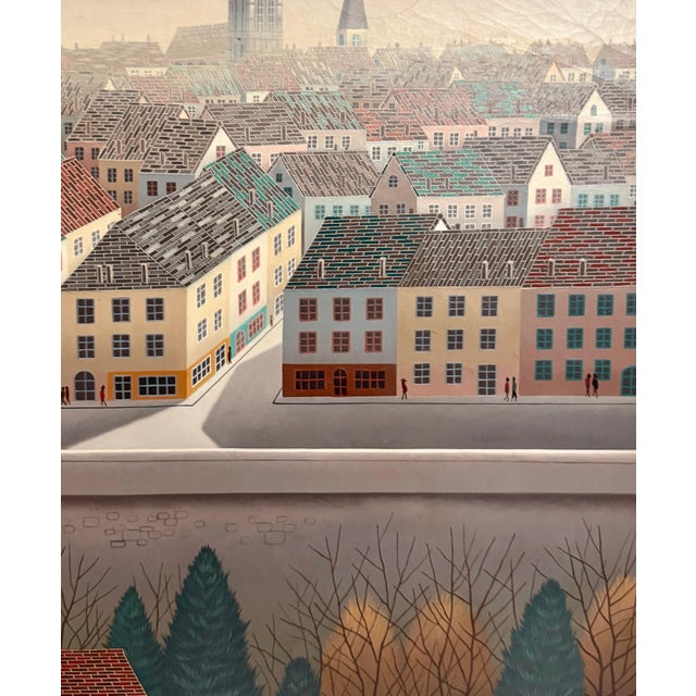 Brown Foussa Itaya, Large Surrealist French Japanese European Cityscape Oil painting Foussa Itaya, c.1950's For Sale - Image 8 of 10