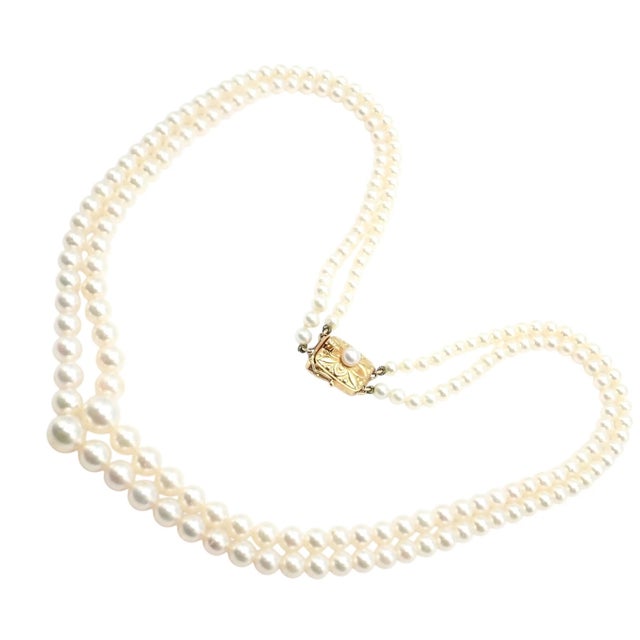 Mikimoto Yellow Gold Pearl Double Strand Graduated 17" Princess Necklace For Sale - Image 9 of 11