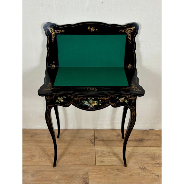 Chinese Black Lacquer Games Table with Hand-Painted Floral Decoration For Sale - Image 17 of 18
