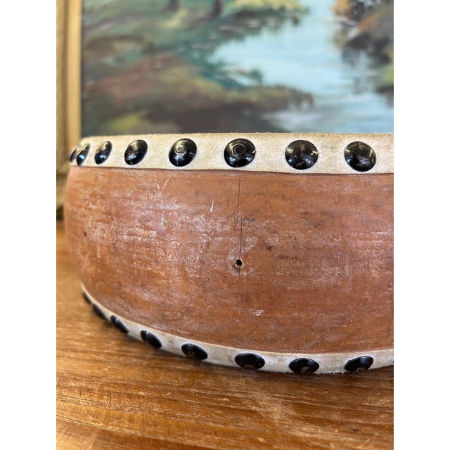 Mid-Century Modern Vintage Handcrafted Drum With Metal Stud Detailing For Sale - Image 3 of 9