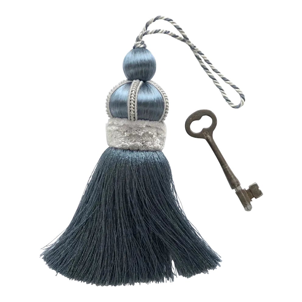 Key Tassel in Slate Blue With Satin and Cut Velvet Ruche Details | Chairish