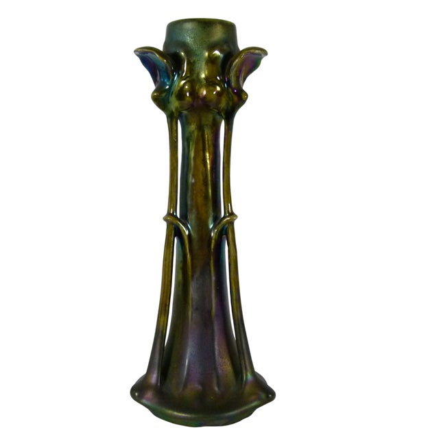 1900s Austrian Art Nouveau Heliosine Iridescent Iris Ceramic Vase by Karl Rudolf Ditmar For Sale - Image 4 of 13